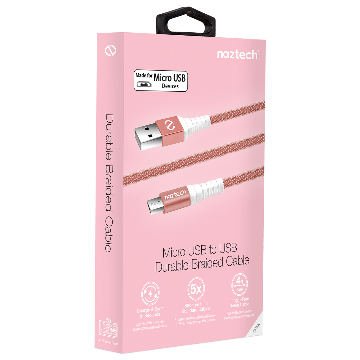 #Naztech Micro USB ladekabel Ekstra stærk 120cm Rose Gold