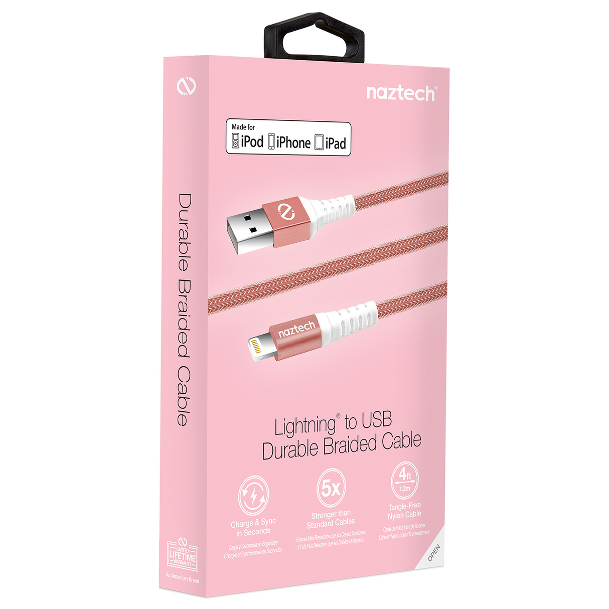 #Naztech MFI Lightning USB ladekabel Ekstra stærk 120cm Rose Gold