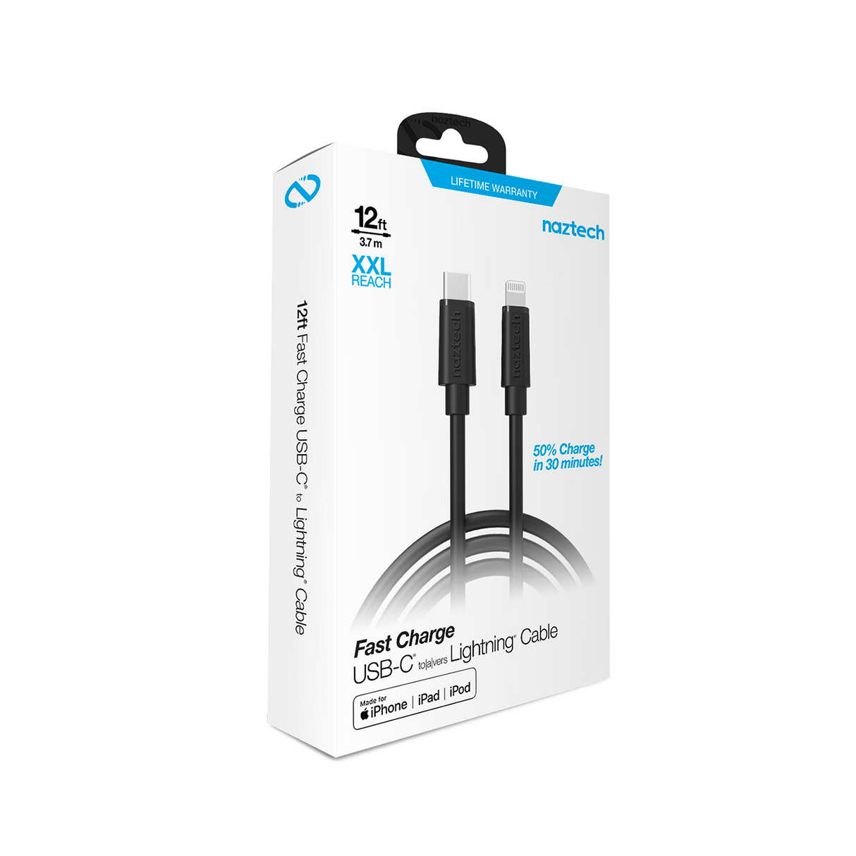 #Naztech Ladekabel USB-C - Lightning 3,6 m, Sort